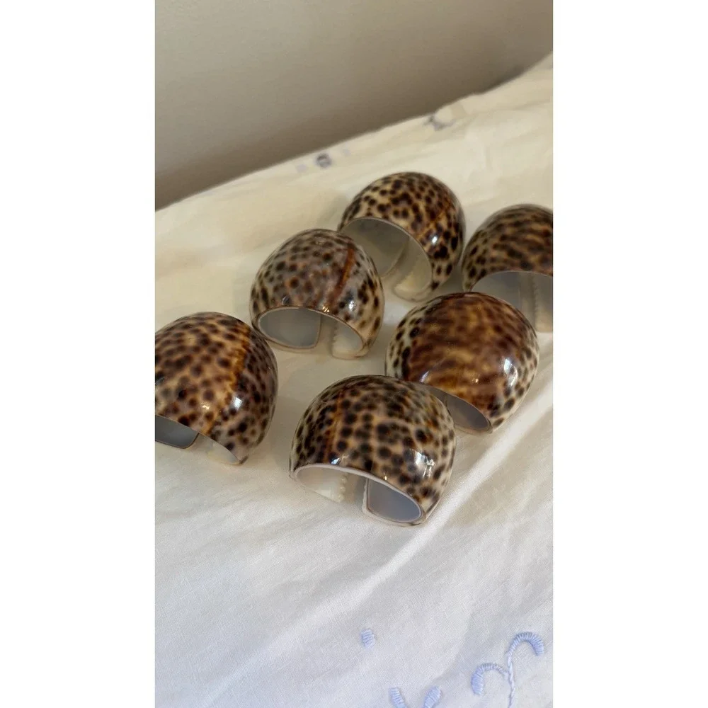 Vintage Tiger Cowrie Shell Napkin Rings Set Of 6 Coastal Beach Table Decor